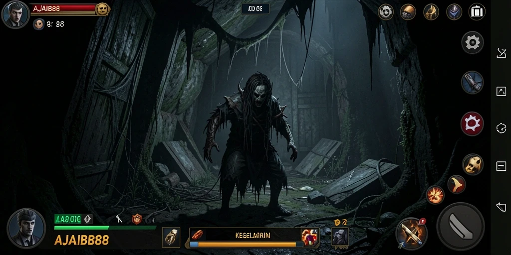 Screenshot utama AJAIB88 menampilkan suasana mencekam di dalam game.