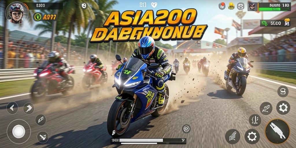 Tampilan gameplay ASIA200 yang menegangkan dengan balapan motor yang cepat.