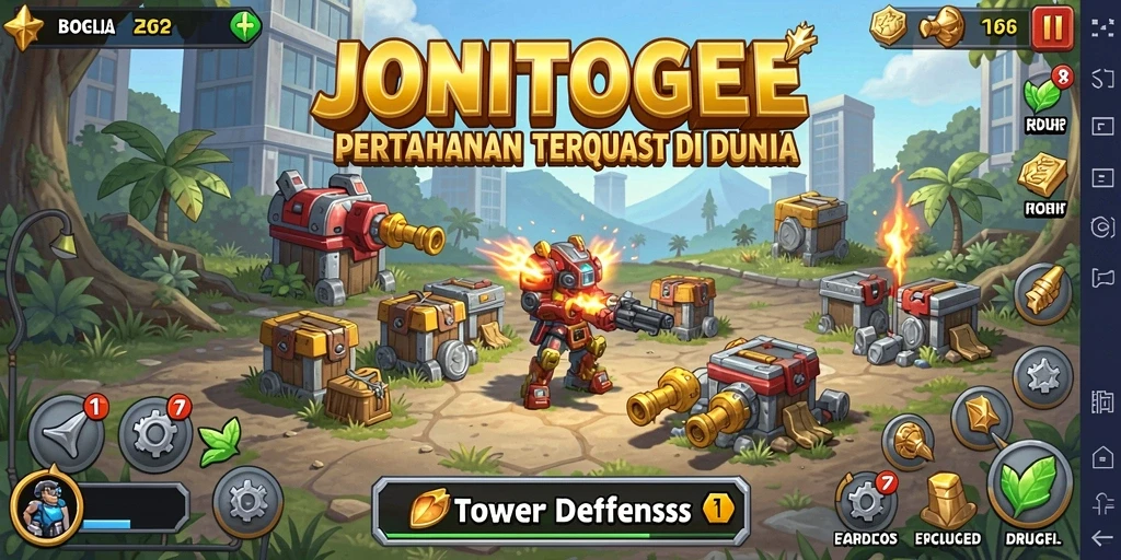 Screenshot gameplay JONITOGEL yang menampilkan menara dan musuh yang beragam.
