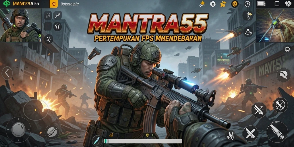 Screenshot gameplay intens MANTRA55 dengan tembakan akurat.