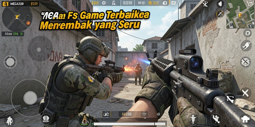 Tangkapan layar utama menunjukkan aksi seru dalam gameplay FPS MEGA338.