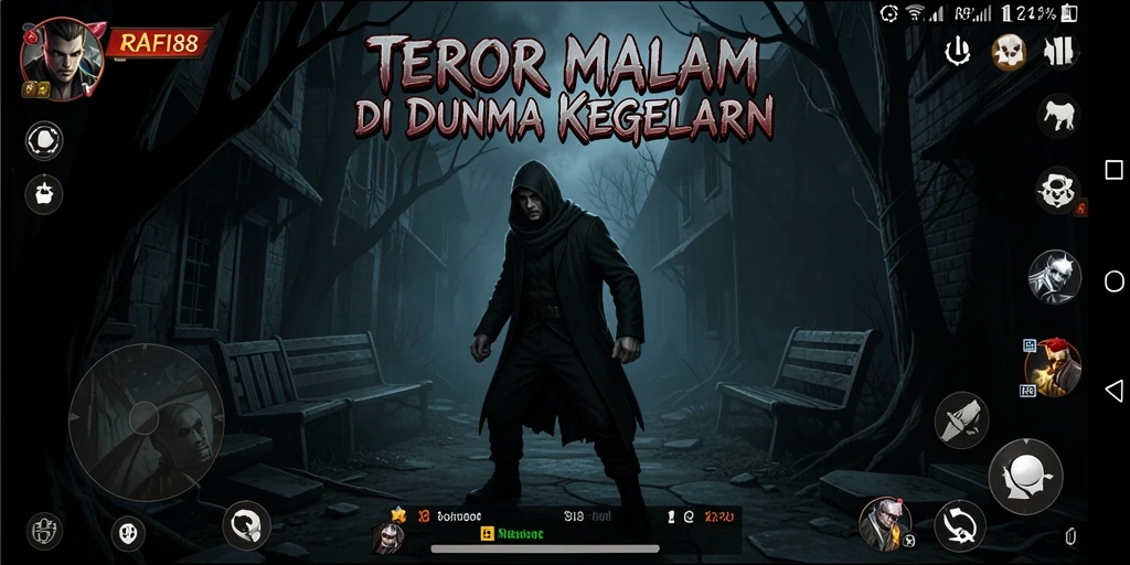 Tampilan gameplay menegangkan yang menggambarkan kegelapan dan misteri RAFI88.